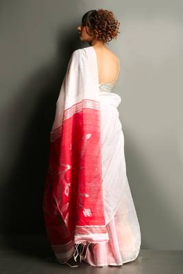 White woven blended cotton saree with blouse 2