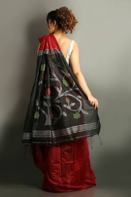 Dark red woven blended cotton saree with blouse 2