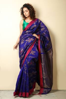 Royal blue woven blended cotton saree with blouse 1