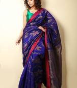 Royal blue woven blended cotton saree with blouse