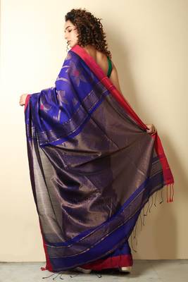 Royal blue woven blended cotton saree with blouse 2