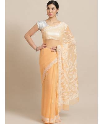 Ada Hand Embroidered Peach Faux Georgette Lucknowi Chikan Women Saree With Blouse - A188942 1