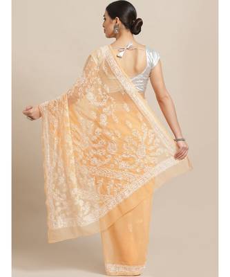 Ada Hand Embroidered Peach Faux Georgette Lucknowi Chikan Women Saree With Blouse - A188942 2