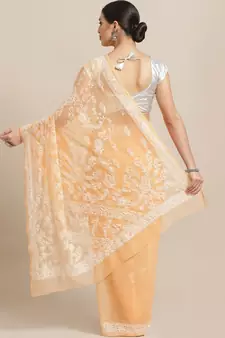 Ada Hand Embroidered Peach Faux Georgette Lucknowi Chikan Women Saree With Blouse - A188942