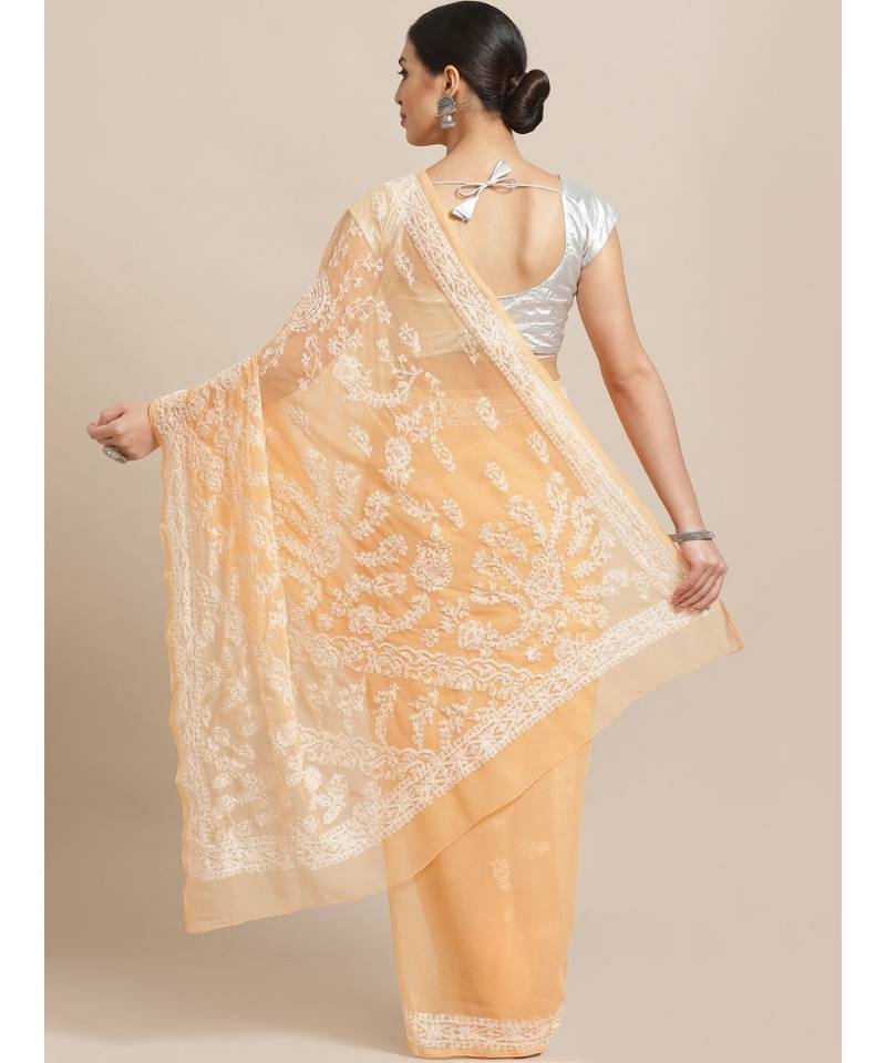 Ada Hand Embroidered Peach Faux Georgette Lucknowi Chikan Women Saree With Blouse - A188942