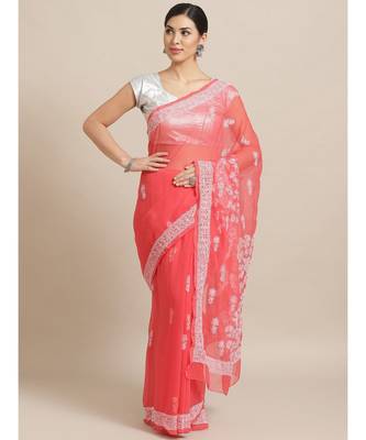 Ada Hand Embroidered Carrot Pink Faux Georgette Lucknow Chikan Women Saree With Blouse - A204484 1