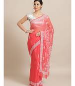 Ada Hand Embroidered Carrot Pink Faux Georgette Lucknow Chikan Women Saree With Blouse - A204484