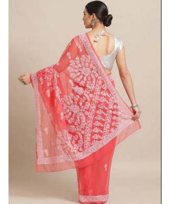 Ada Hand Embroidered Carrot Pink Faux Georgette Lucknow Chikan Women Saree With Blouse - A204484 2