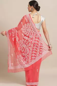Ada Hand Embroidered Carrot Pink Faux Georgette Lucknow Chikan Women Saree With Blouse - A204484