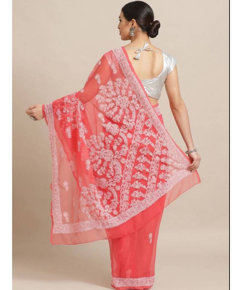 Ada Hand Embroidered Carrot Pink Faux Georgette Lucknow Chikan Women Saree With Blouse - A204484