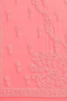 Ada Hand Embroidered Carrot Pink Faux Georgette Lucknow Chikan Women Saree With Blouse - A204484