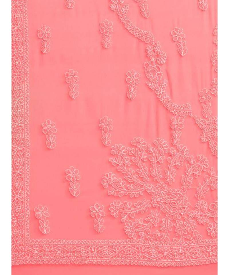 Ada Hand Embroidered Carrot Pink Faux Georgette Lucknow Chikan Women Saree With Blouse - A204484