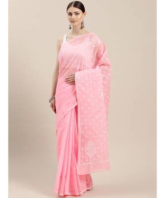 Ada Hand Embroidered Pink Cotton Lucknow Chikan Women Saree With Blouse - A100400 1