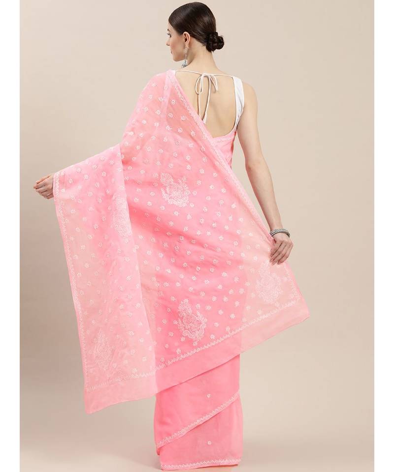Ada Hand Embroidered Pink Cotton Lucknow Chikan Women Saree With Blouse - A100400