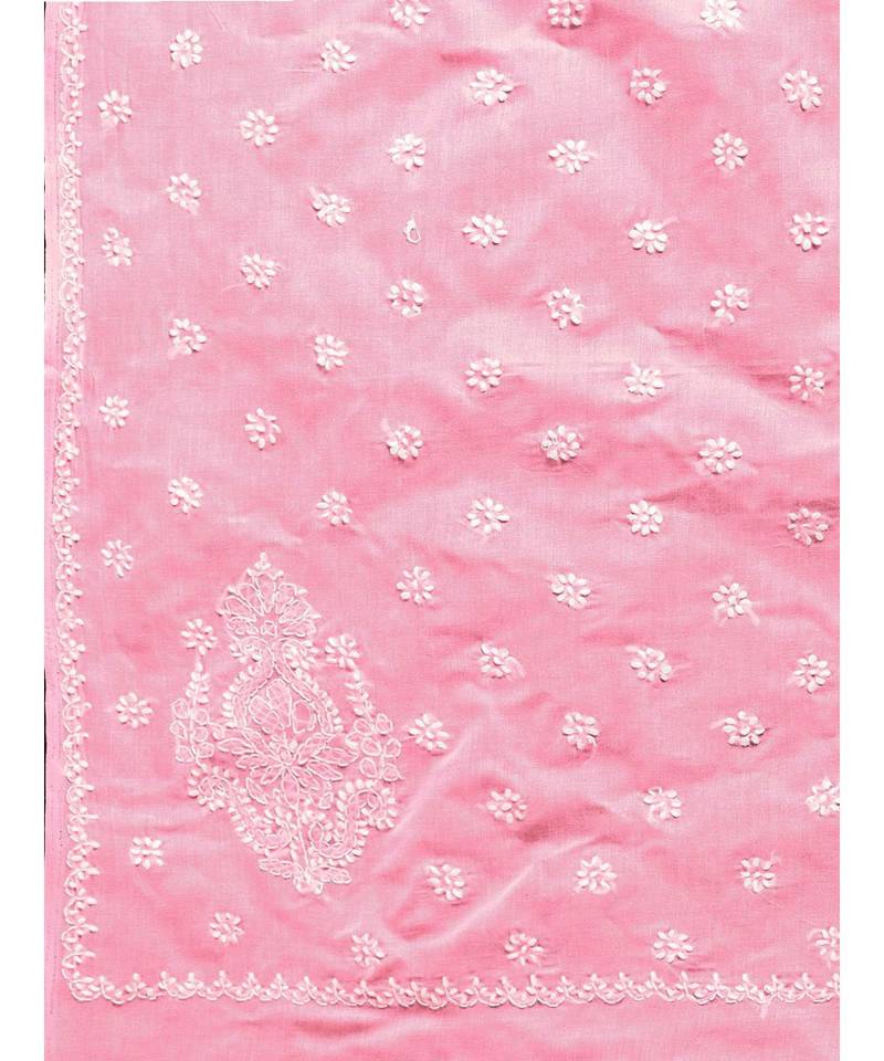 Ada Hand Embroidered Pink Cotton Lucknow Chikan Women Saree With Blouse - A100400