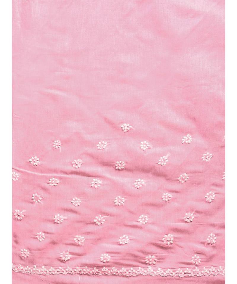 Ada Hand Embroidered Pink Cotton Lucknow Chikan Women Saree With Blouse - A100400