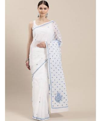 Ada Hand Embroidered White Cotton Lucknowi Chikankari Women Saree with Blouse - A100204 1