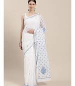 Ada Hand Embroidered White Cotton Lucknowi Chikankari Women Saree with Blouse - A100204