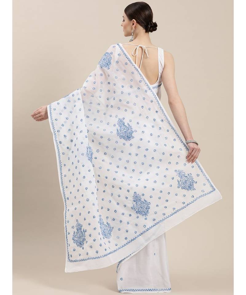 Ada Hand Embroidered White Cotton Lucknowi Chikankari Women Saree with Blouse - A100204