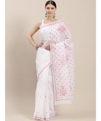 Ada Hand Embroidered White Cotton Lucknowi Chikan Women Saree with Blouse - A100220 1