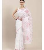 Ada Hand Embroidered White Cotton Lucknowi Chikan Women Saree with Blouse - A100220