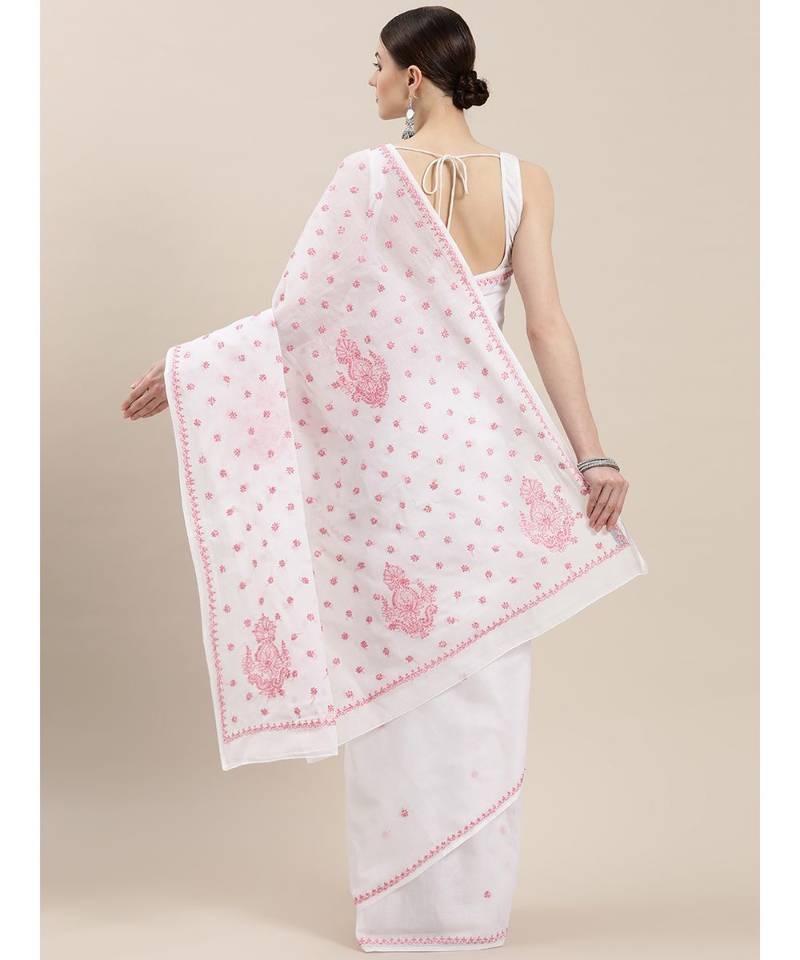 Ada Hand Embroidered White Cotton Lucknowi Chikan Women Saree with Blouse - A100220