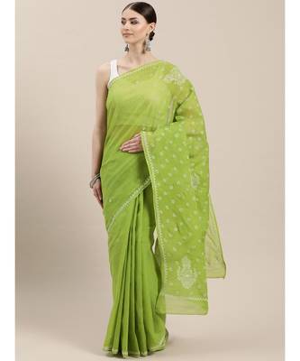Ada Women Hand Embroidered Green Cotton Lucknowi Chikankari Saree With Blouse - A346136 1