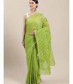 Ada Women Hand Embroidered Green Cotton Lucknowi Chikankari Saree With Blouse - A346136