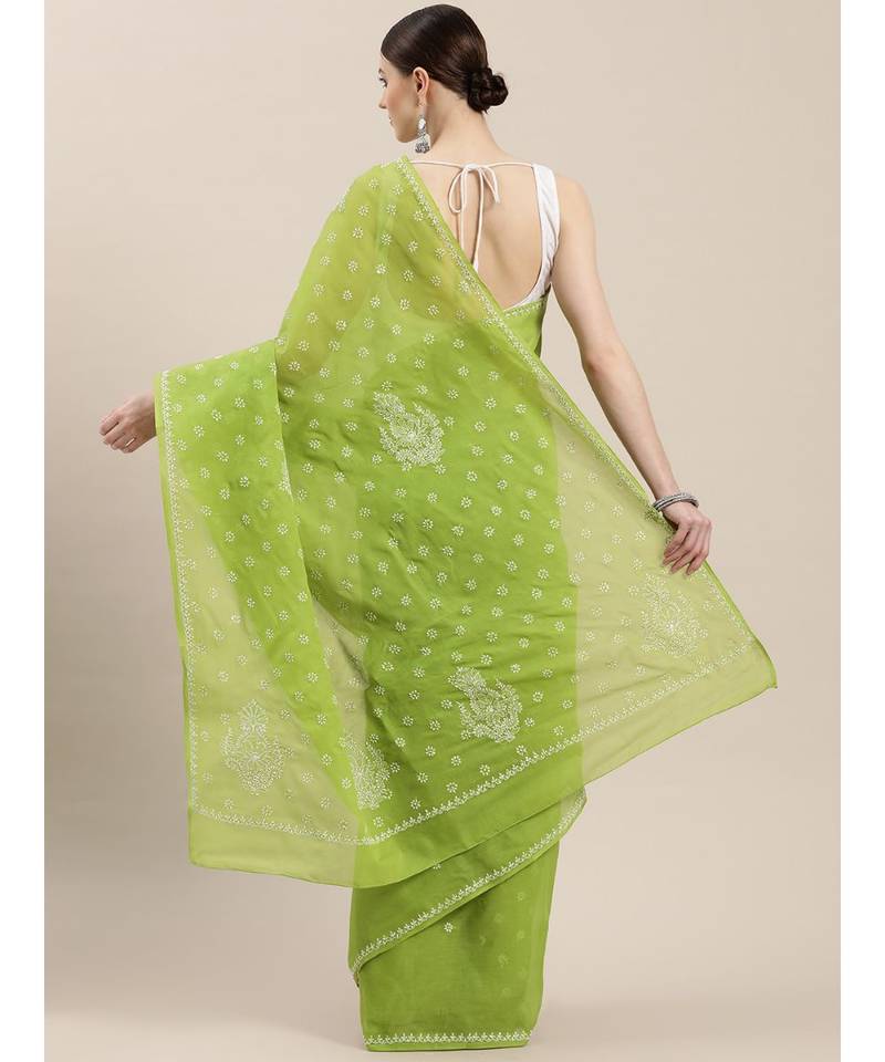 Ada Women Hand Embroidered Green Cotton Lucknowi Chikankari Saree With Blouse - A346136