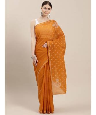 Ada Women Hand Embroidered Mustard Cotton Lucknowi Chikankari Saree With Blouse - A346160 1