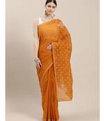 Ada Women Hand Embroidered Mustard Cotton Lucknowi Chikankari Saree With Blouse - A346160