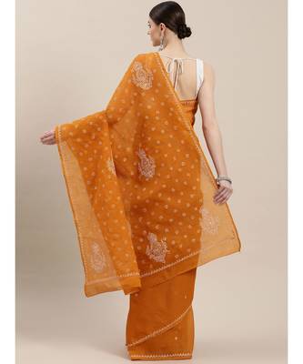 Ada Women Hand Embroidered Mustard Cotton Lucknowi Chikankari Saree With Blouse - A346160 2