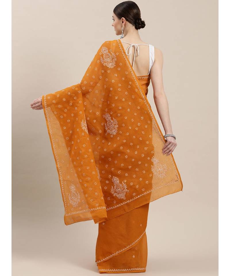 Ada Women Hand Embroidered Mustard Cotton Lucknowi Chikankari Saree With Blouse - A346160