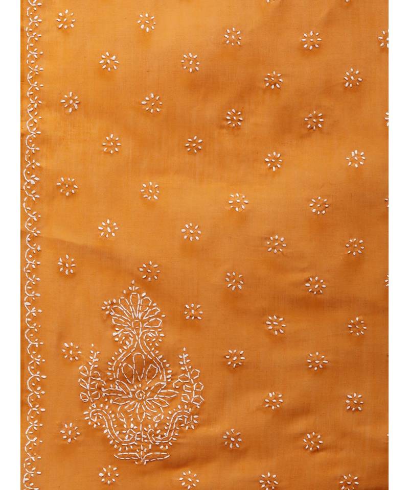 Ada Women Hand Embroidered Mustard Cotton Lucknowi Chikankari Saree With Blouse - A346160