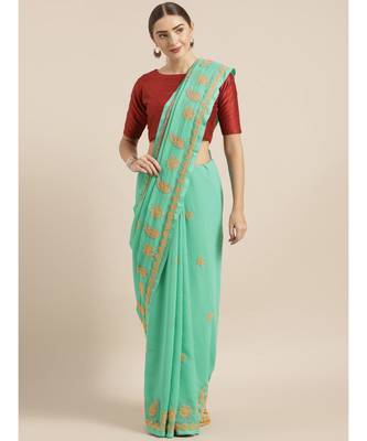 Ada Hand Embroidered Sea Green Faux Georgette Lucknow Chikan Women Saree With Blouse - A100115 1