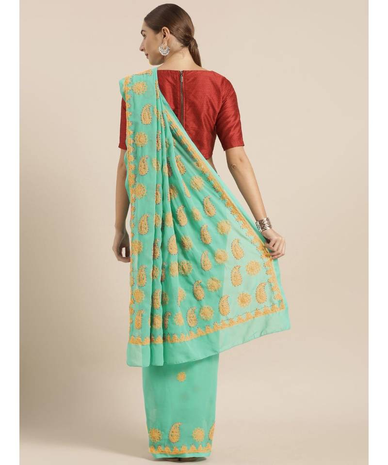 Ada Hand Embroidered Sea Green Faux Georgette Lucknow Chikan Women Saree With Blouse - A100115