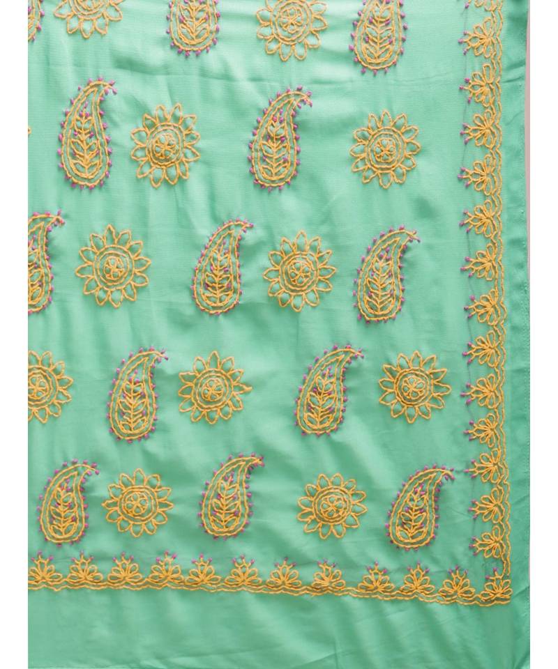 Ada Hand Embroidered Sea Green Faux Georgette Lucknow Chikan Women Saree With Blouse - A100115
