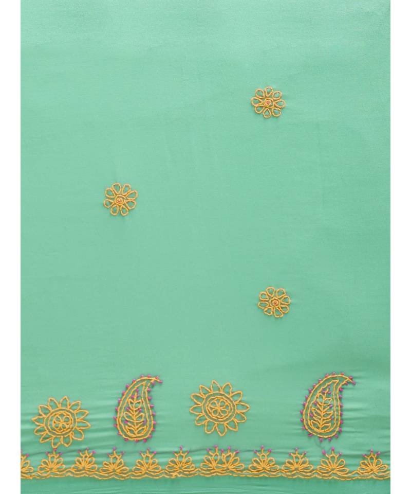 Ada Hand Embroidered Sea Green Faux Georgette Lucknow Chikan Women Saree With Blouse - A100115