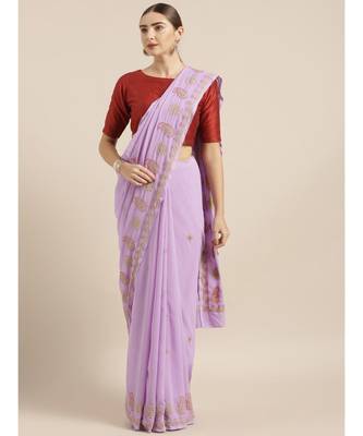 Ada Hand Embroidered Mauve Faux Georgette Lucknow Chikan Women Saree With Blouse - A100214 1
