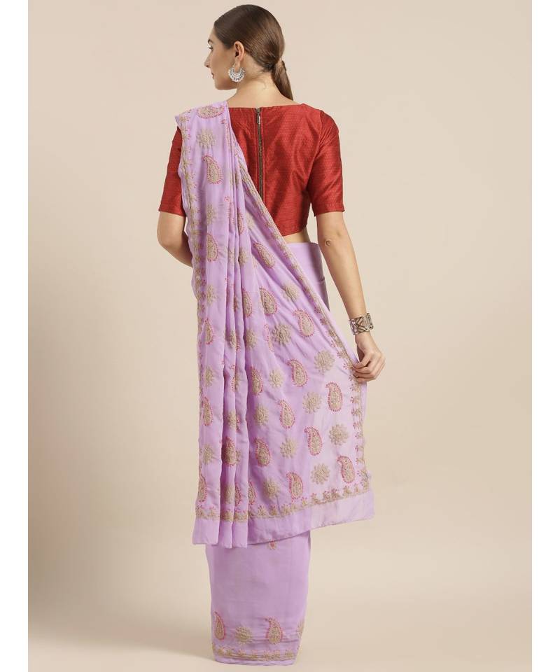 Ada Hand Embroidered Mauve Faux Georgette Lucknow Chikan Women Saree With Blouse - A100214