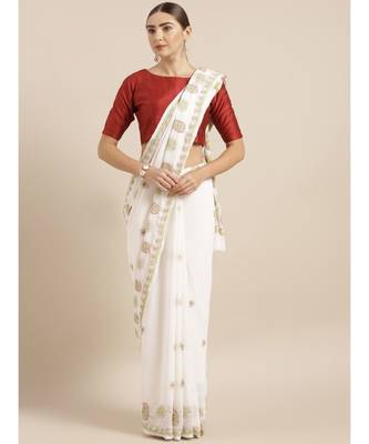 Ada Hand Embroidered White Faux Georgette Lucknowi Chikankari Women Saree With Blouse - A100116 1