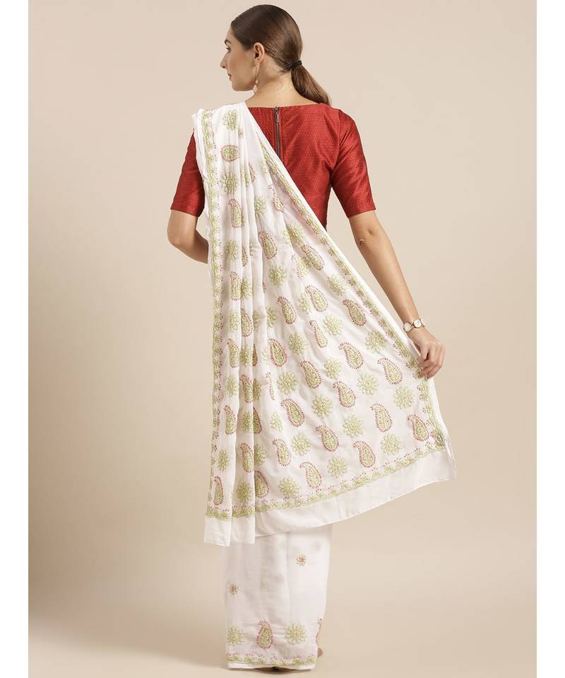 Ada Hand Embroidered White Faux Georgette Lucknowi Chikankari Women Saree With Blouse - A100116