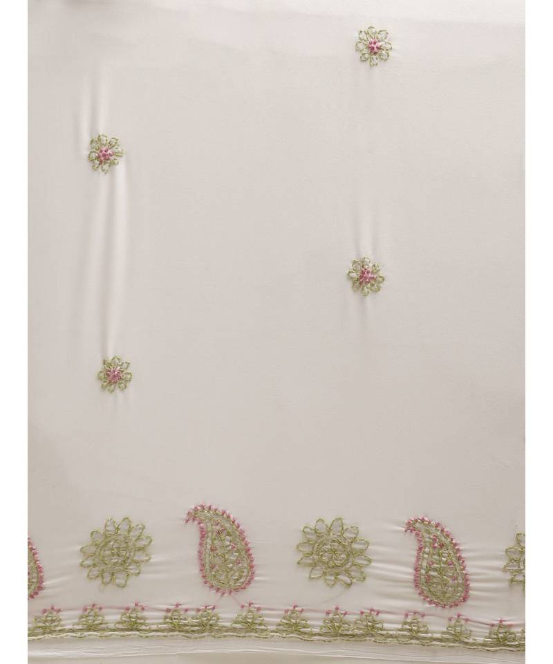 Ada Hand Embroidered White Faux Georgette Lucknowi Chikankari Women Saree With Blouse - A100116