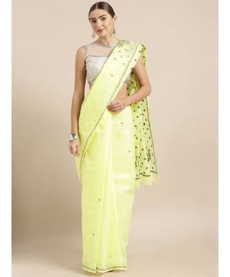 Ada Hand Embroidered Lemon Cotton Lucknow Chikan Women Saree with Blouse - A408730 1