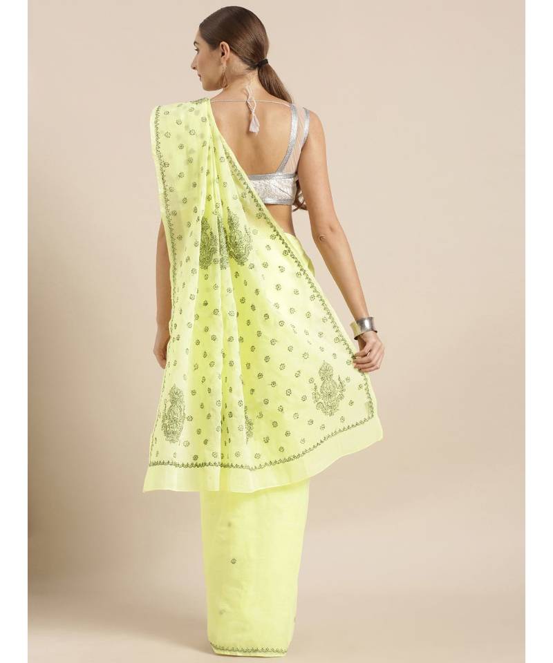 Ada Hand Embroidered Lemon Cotton Lucknow Chikan Women Saree with Blouse - A408730
