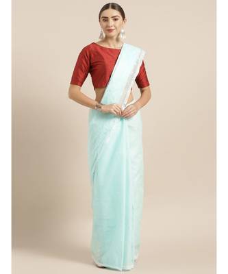 Ada Hand Embroidered Blue Cotton Lucknow Chikan Women Saree With Blouse - A346178 1