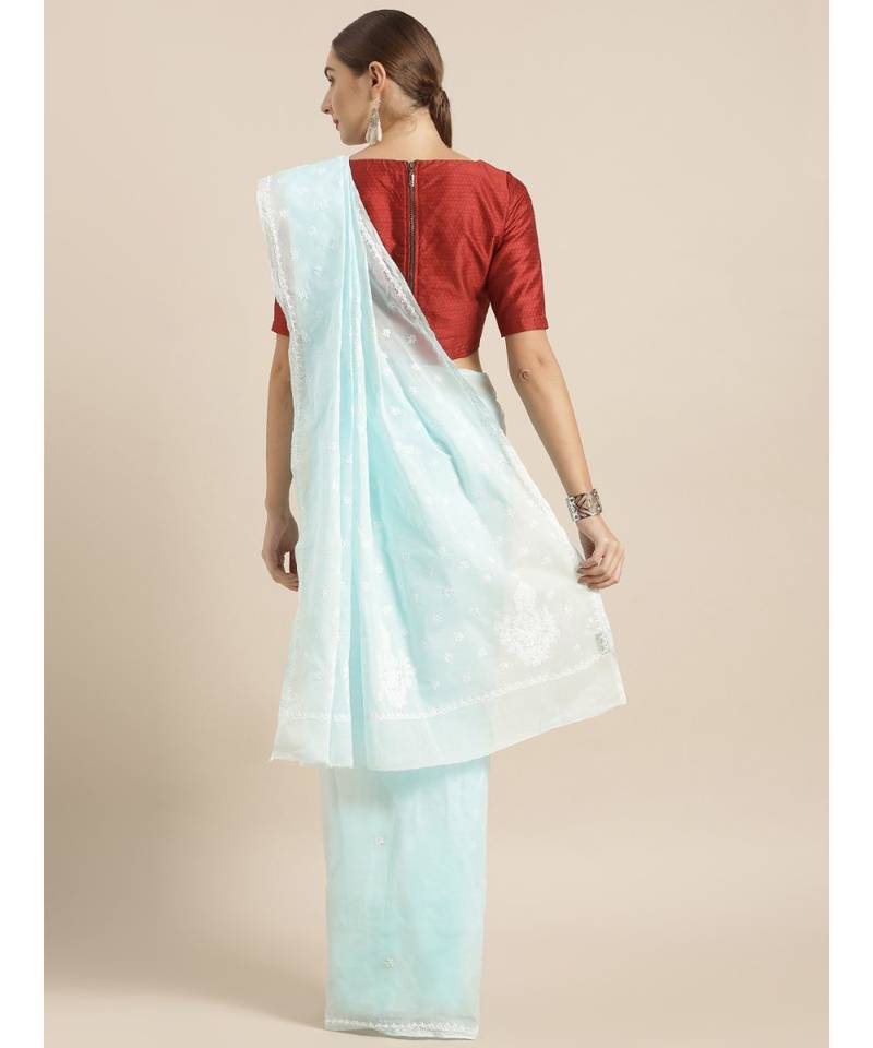 Ada Hand Embroidered Blue Cotton Lucknow Chikan Women Saree With Blouse - A346178
