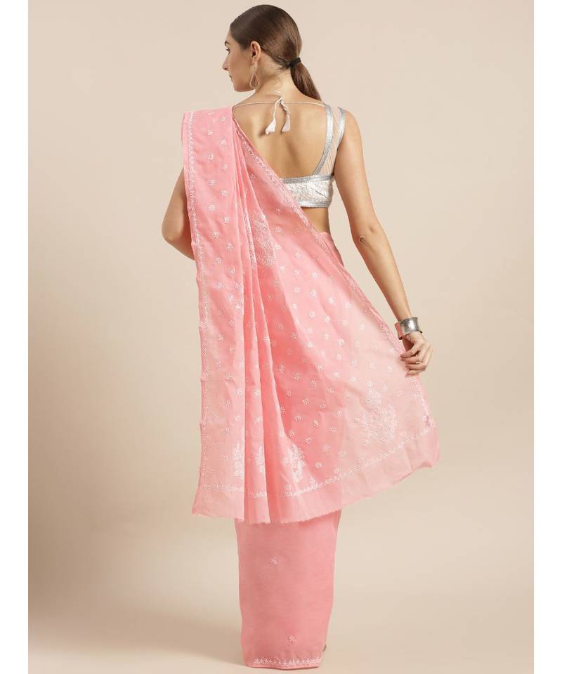 Ada Hand Embroidered Carrot Pink Cotton Lucknow Chikan Saree With Blouse