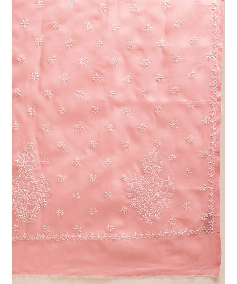 Ada Hand Embroidered Carrot Pink Cotton Lucknow Chikan Saree With Blouse