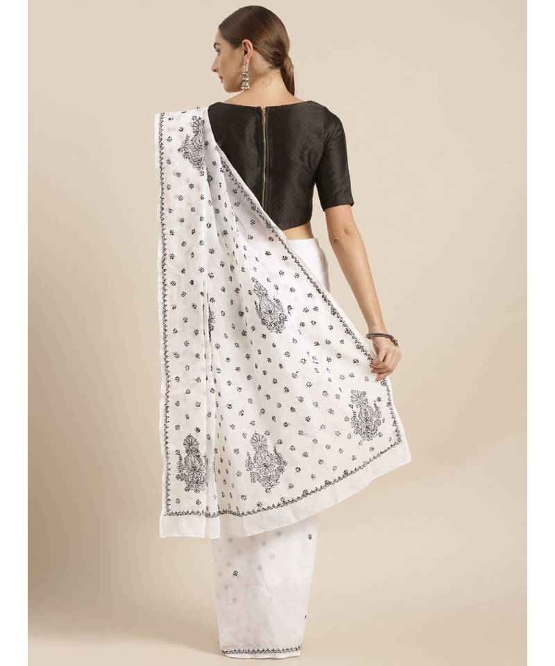 Ada Hand Embroidered Chikankari White Cotton Women Saree with Blouse - A100145
